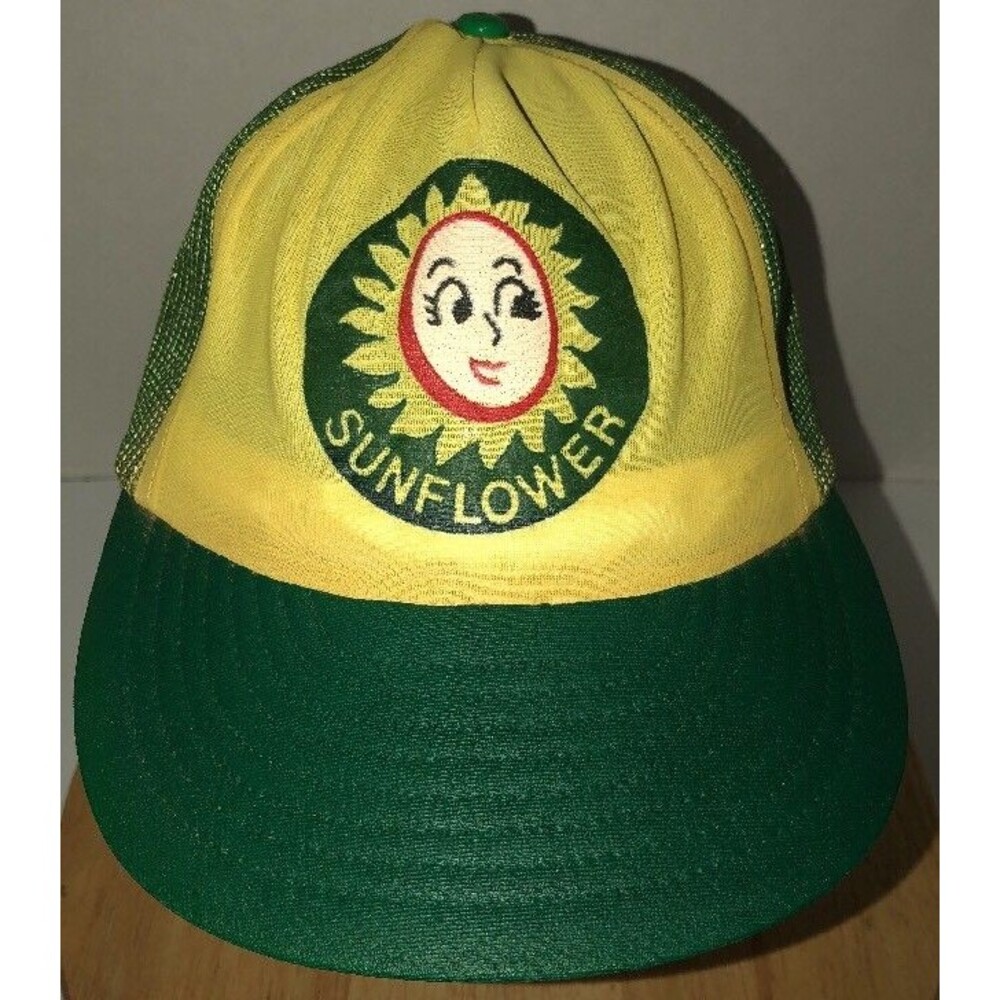 Vintage SUNFLOWER 70s 80s Yellow Green Trucker Hat Cap Snapback USA Smile Face